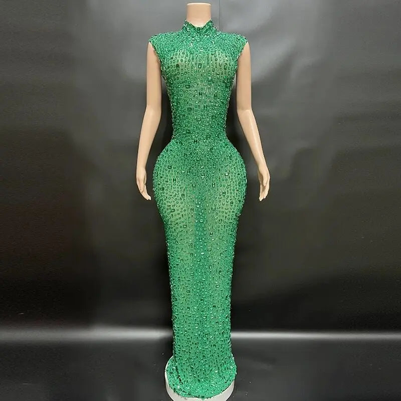 Luxury Rhinestone Black Sexy See Through Backless Sheath Dress Evening Party Performance Bar Nightclub Singer Dancer Stage Wear