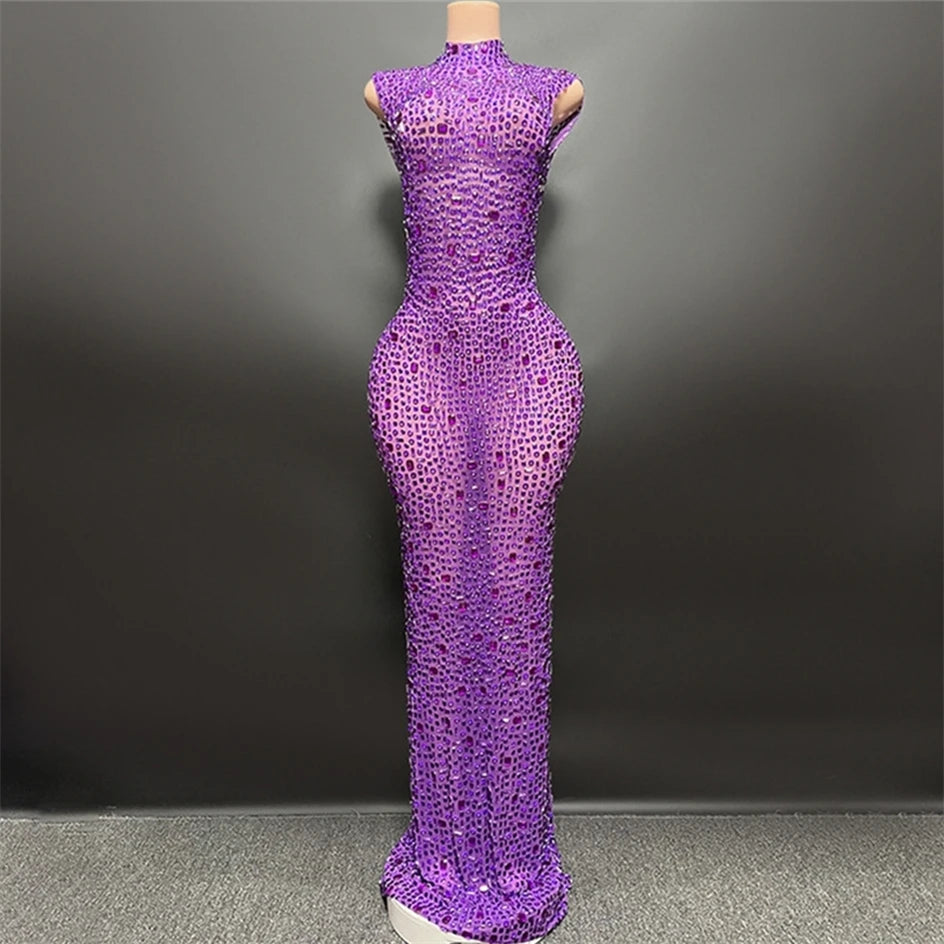 Luxury Rhinestone Black Sexy See Through Backless Sheath Dress Evening Party Performance Bar Nightclub Singer Dancer Stage Wear