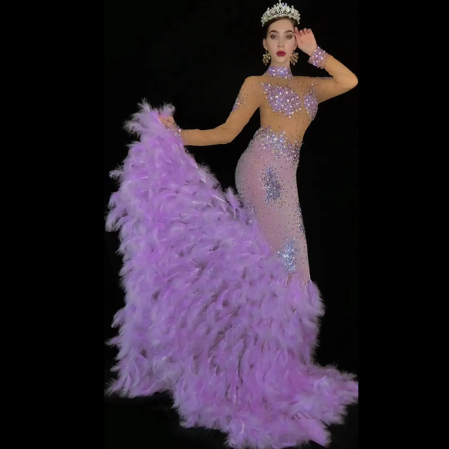 Luxury Rhinestone Long Feather Dresses for Women Birthday Celebrate Evening Prom Gown Singer Performance Stage Costume