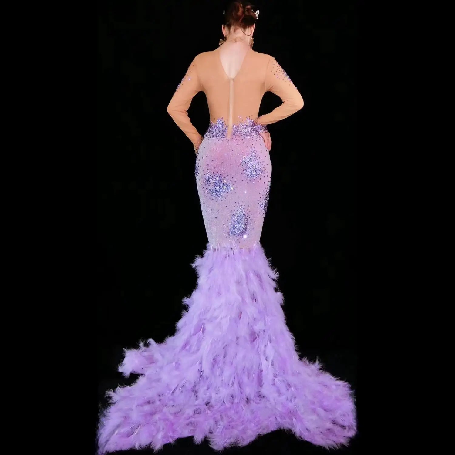 Luxury Rhinestone Long Feather Dresses for Women Birthday Celebrate Evening Prom Gown Singer Performance Stage Costume