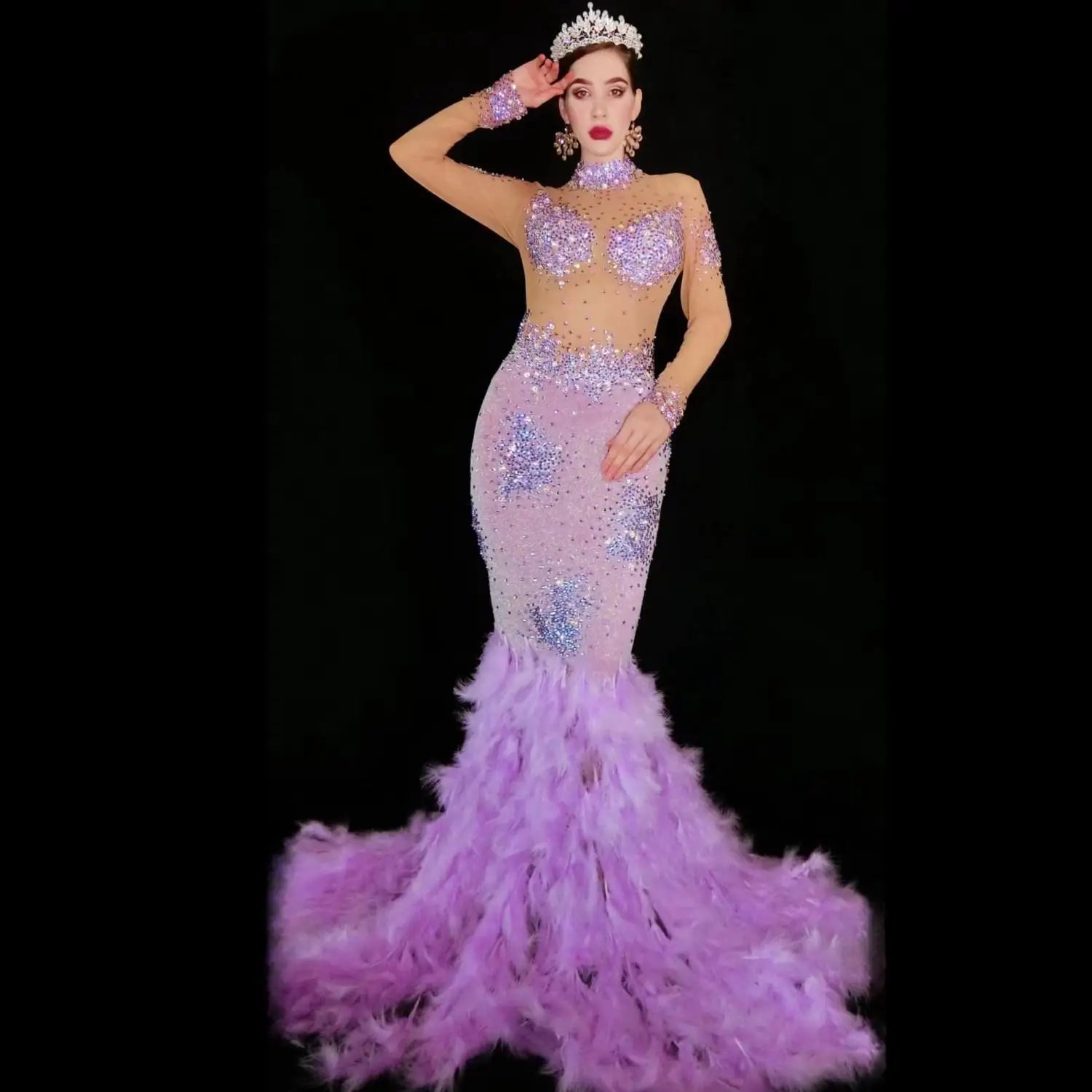 Luxury Rhinestone Long Feather Dresses for Women Birthday Celebrate Evening Prom Gown Singer Performance Stage Costume