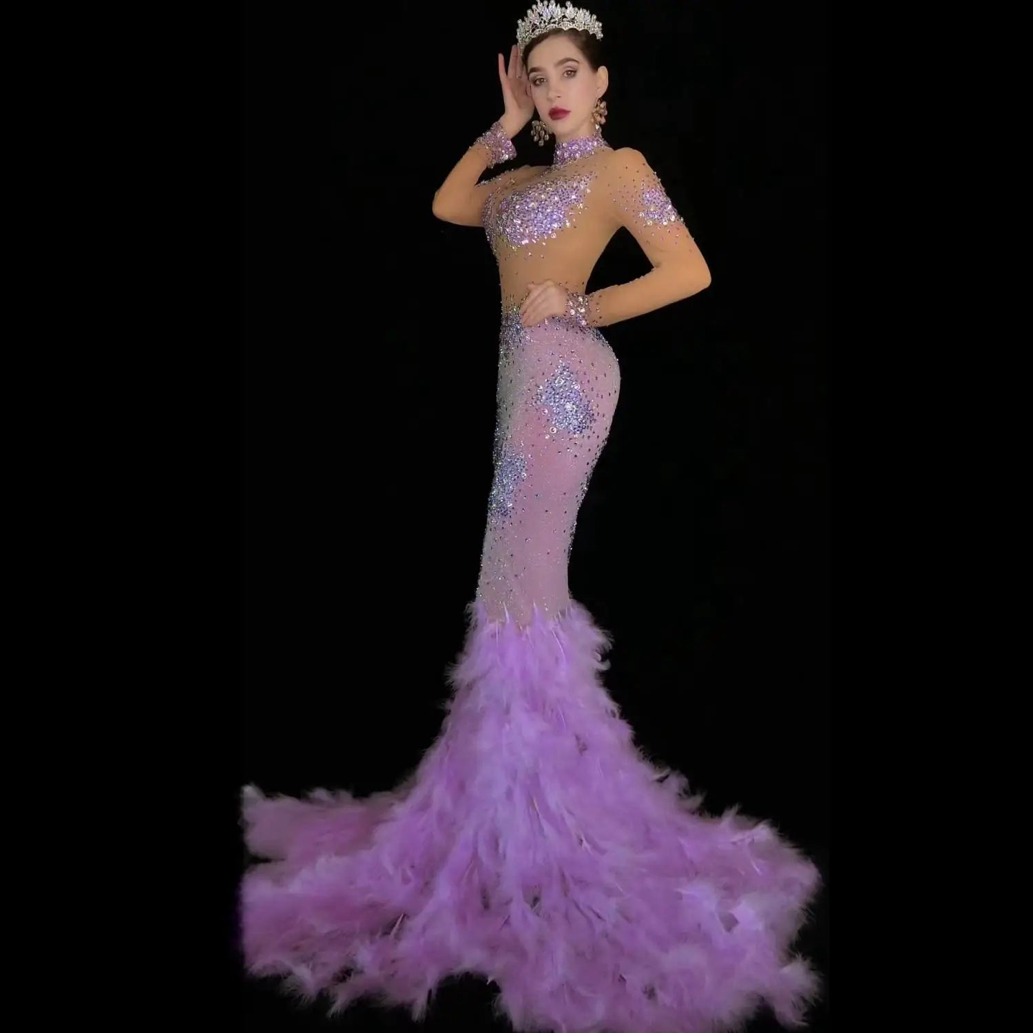 Luxury Rhinestone Long Feather Dresses for Women Birthday Celebrate Evening Prom Gown Singer Performance Stage Costume