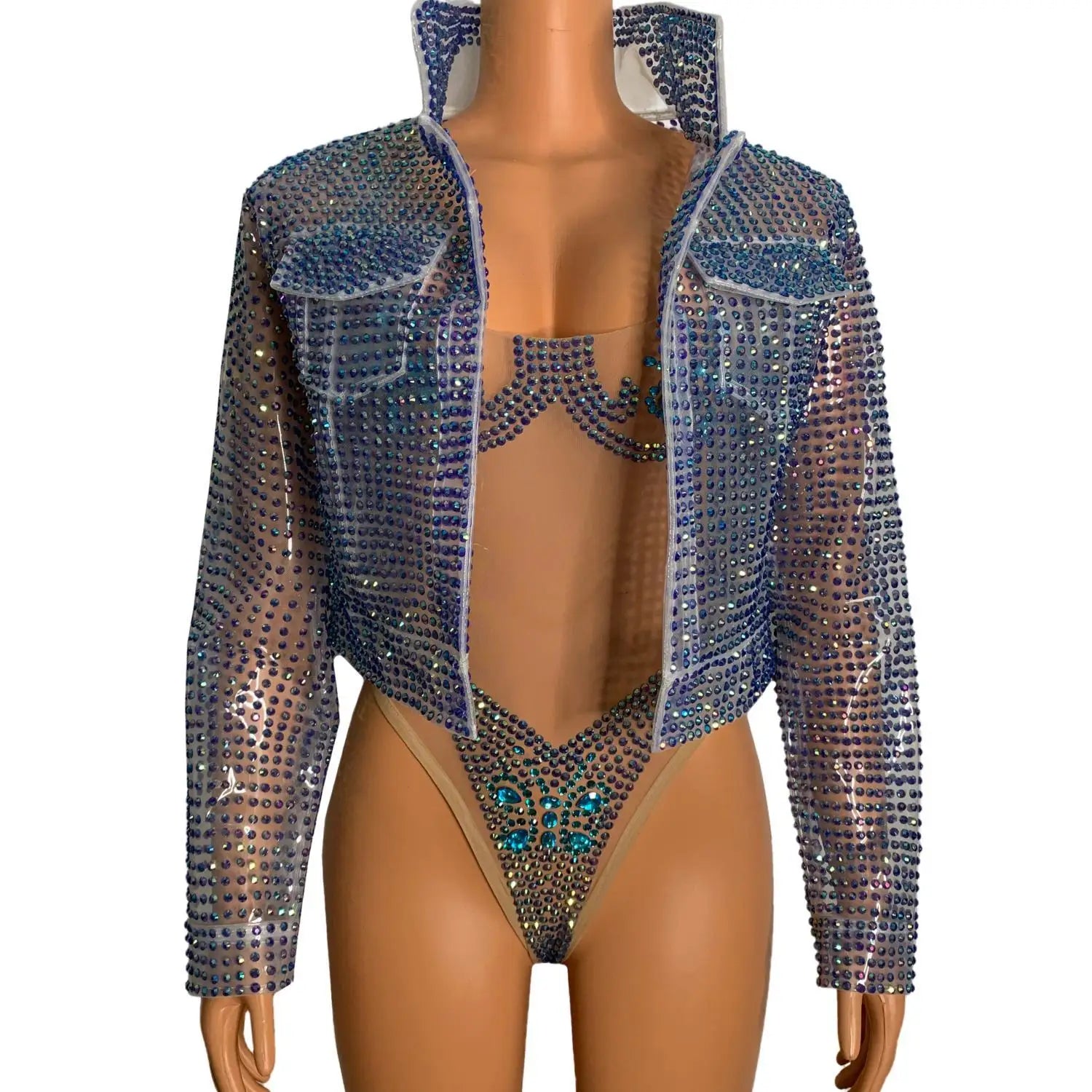 Luxury Rhinestone TPU Jacket One Piece Bodysuits Women Singer Pageant Night Out Wear Drag Queen Show Costume