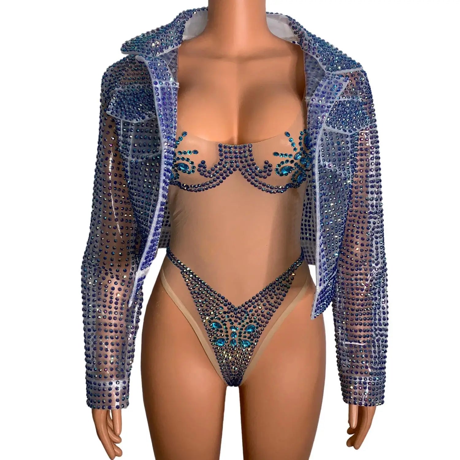 Luxury Rhinestone TPU Jacket One Piece Bodysuits Women Singer Pageant Night Out Wear Drag Queen Show Costume