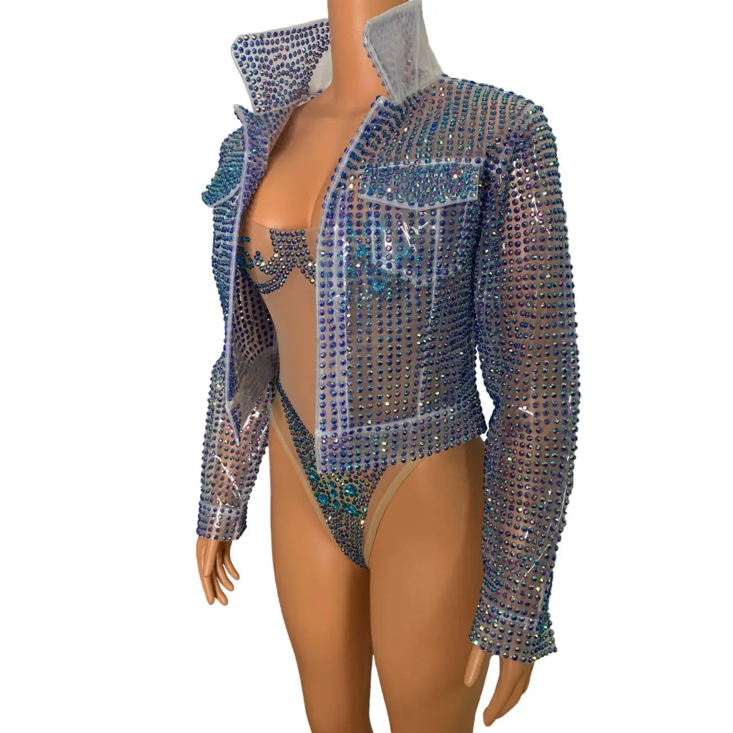 Luxury Rhinestone TPU Jacket One Piece Bodysuits Women Singer Pageant Night Out Wear Drag Queen Show Costume