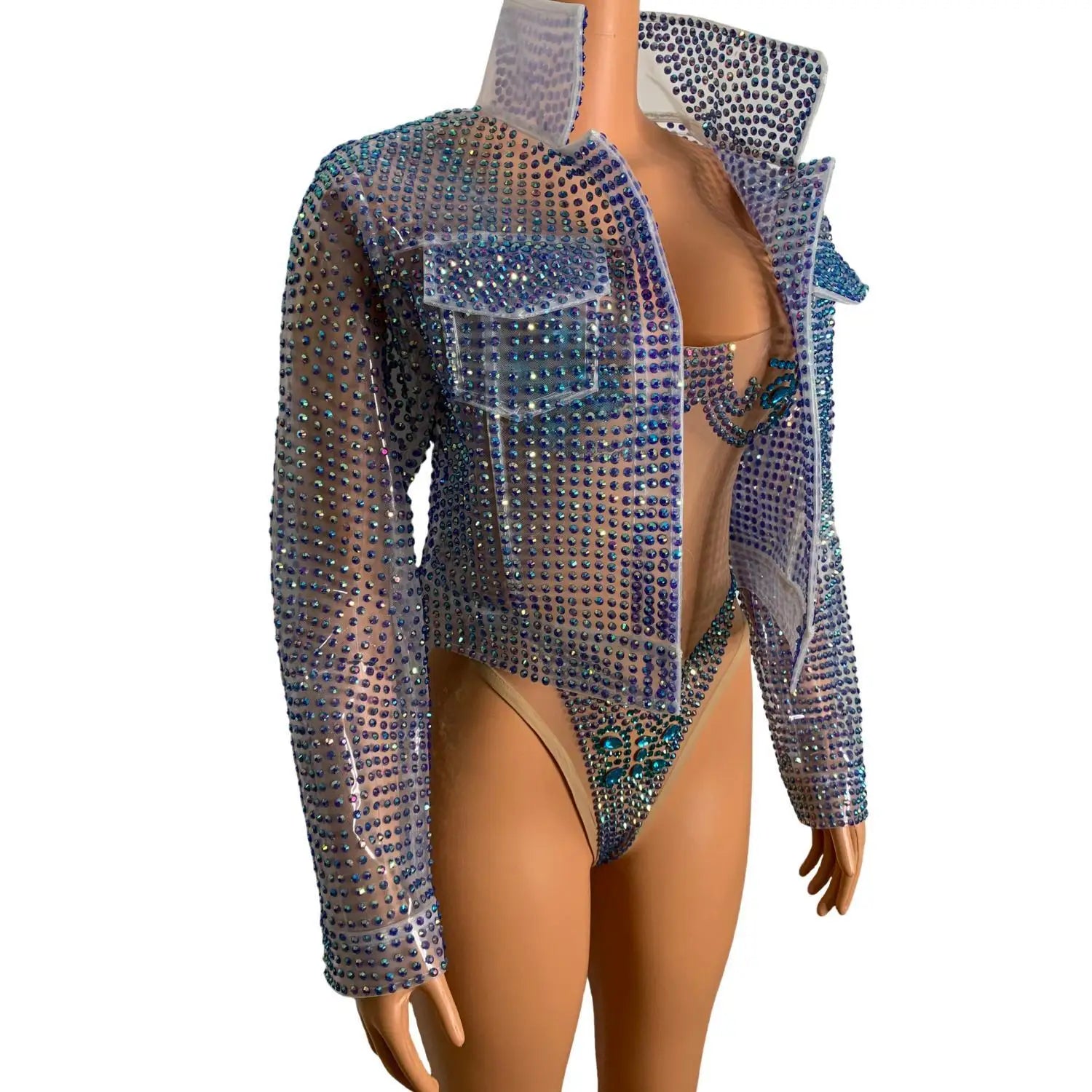 Luxury Rhinestone TPU Jacket One Piece Bodysuits Women Singer Pageant Night Out Wear Drag Queen Show Costume