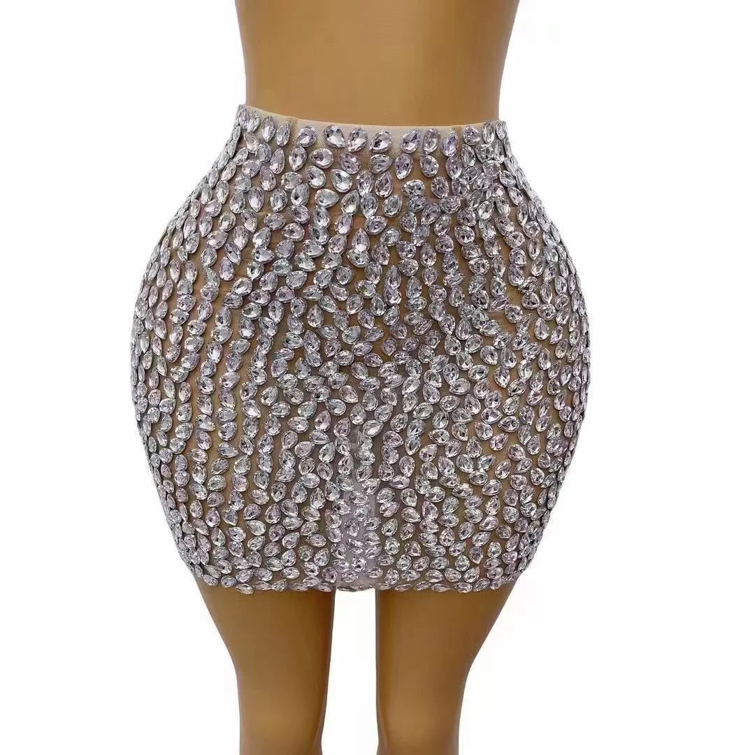 Luxury Rhinestones Sexy See Through Sheath Skirt Evening Party Performance Costume Bar Nightclub Singer Dancer Stage Wea