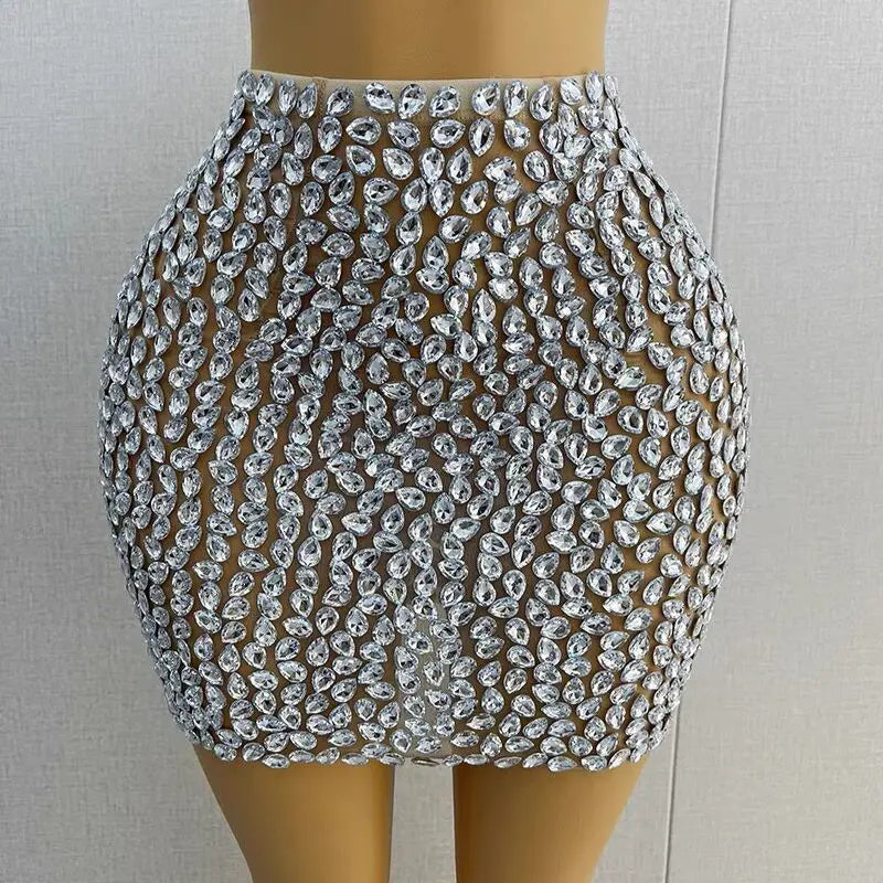 Luxury Rhinestones Sexy See Through Sheath Skirt Evening Party Performance Costume Bar Nightclub Singer Dancer Stage Wea