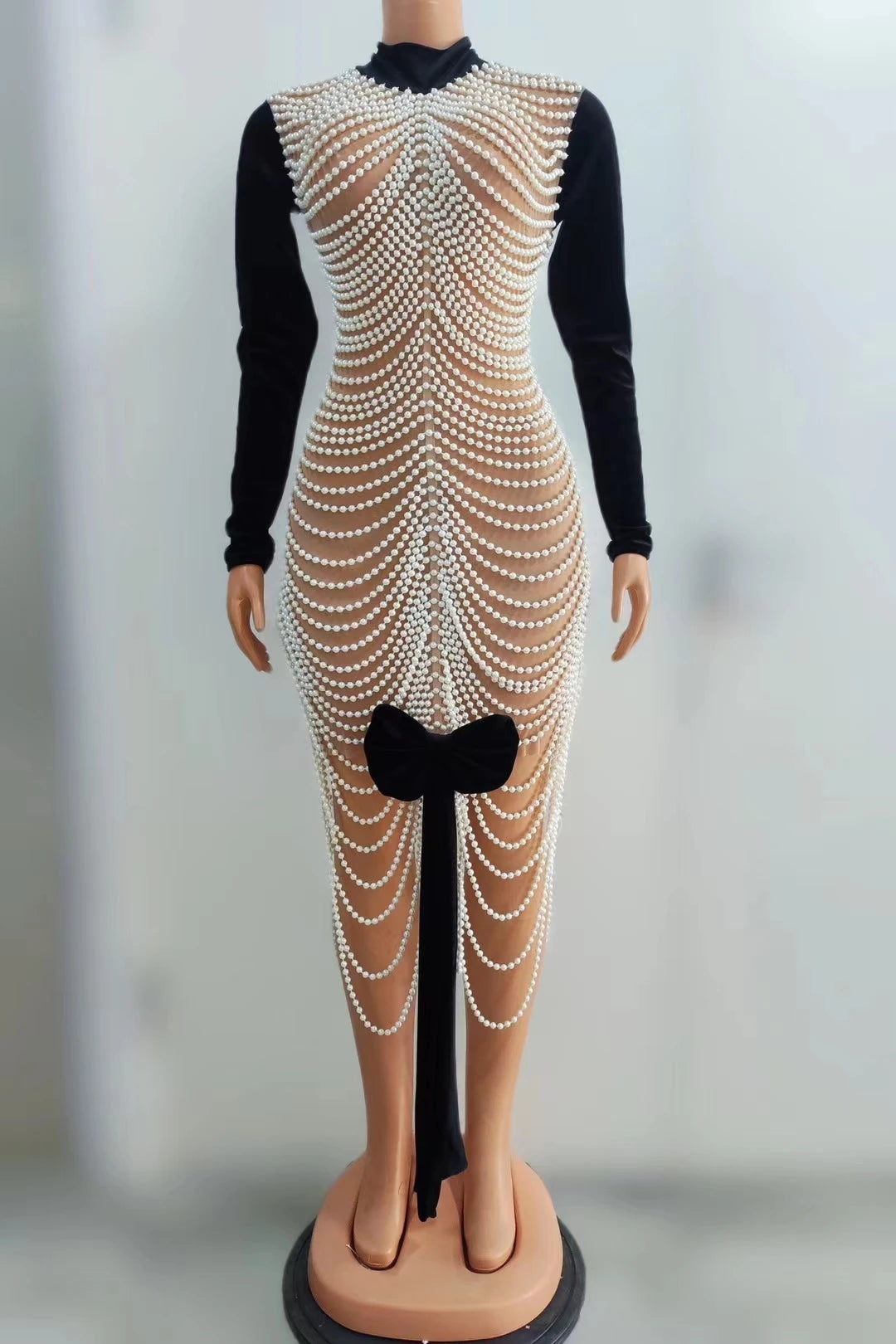 Luxury See Through Heavy Pearls Birthday Gowns Black Velvet Long Sleeve Dresses Black Girl Long Prom Dresses with Bow