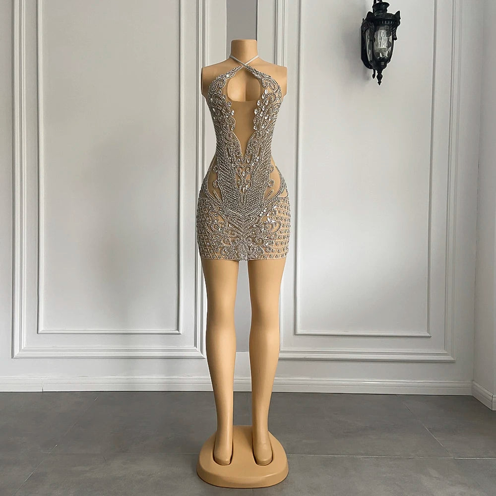 Luxury Sexy See Through Cocktail Gowns Halter Sparkly Silver Crystals Diamond African Women Short Mini Prom Dresses For Birthday