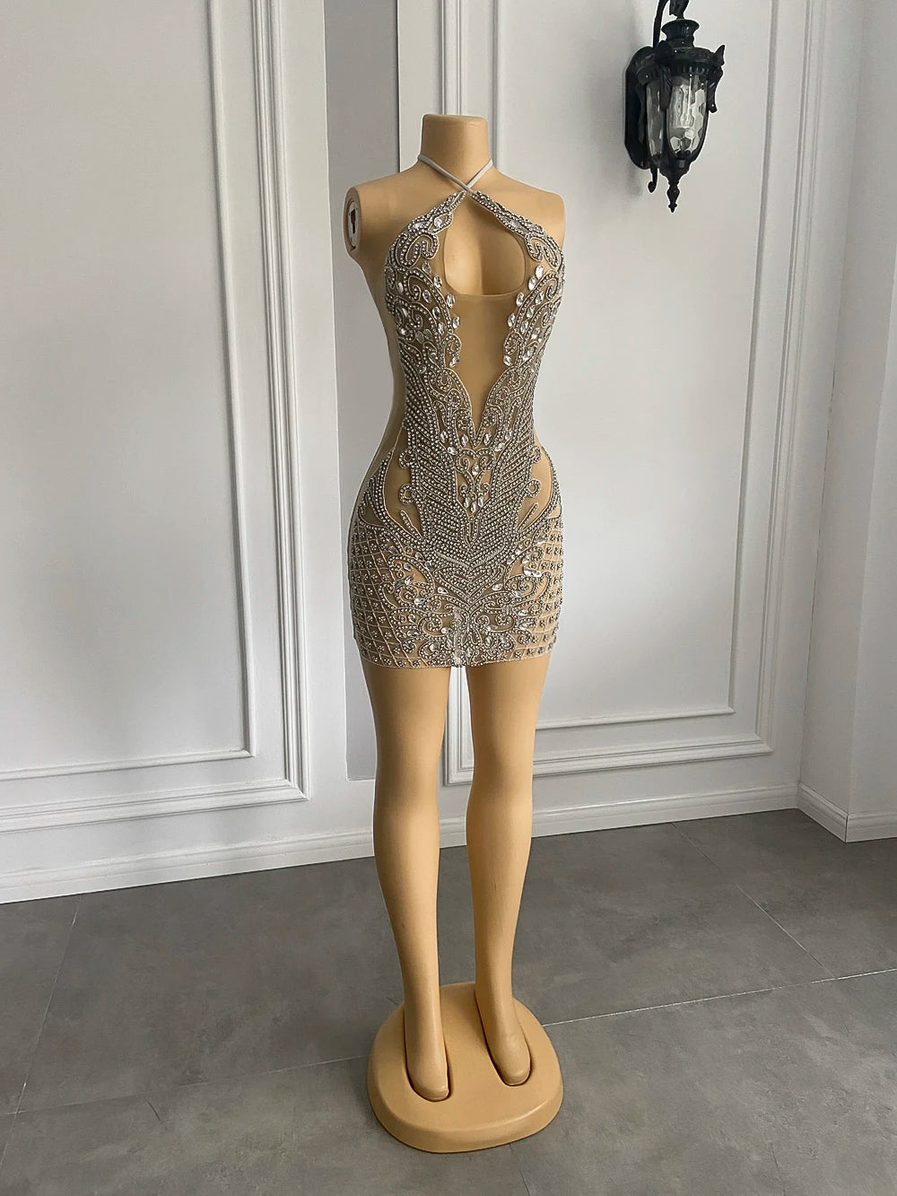 Luxury Sexy See Through Cocktail Gowns Halter Sparkly Silver Crystals Diamond African Women Short Mini Prom Dresses For Birthday