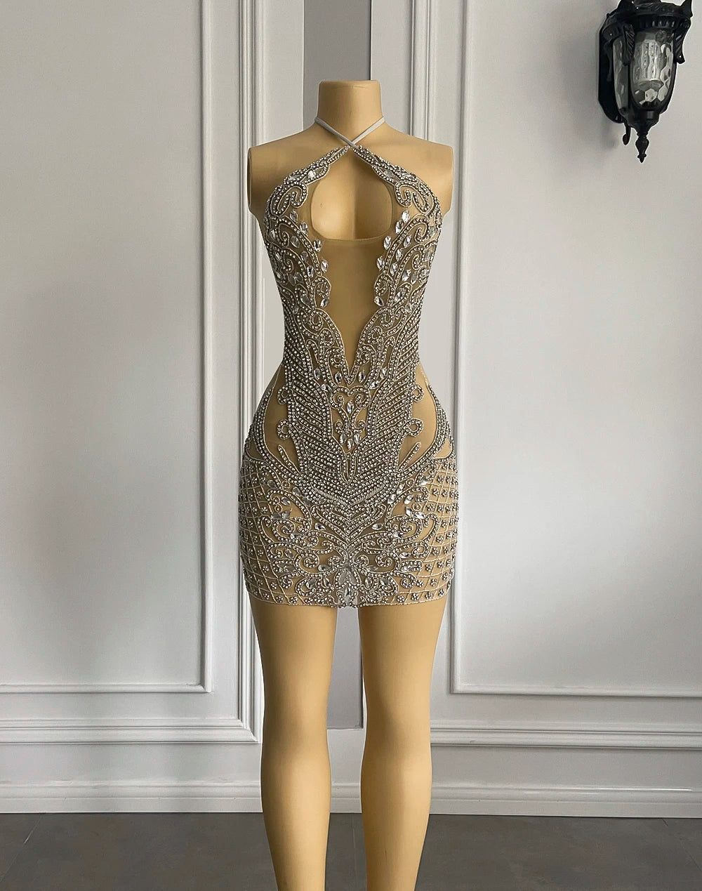 Luxury Sexy See Through Cocktail Gowns Halter Sparkly Silver Crystals Diamond African Women Short Mini Prom Dresses For Birthday