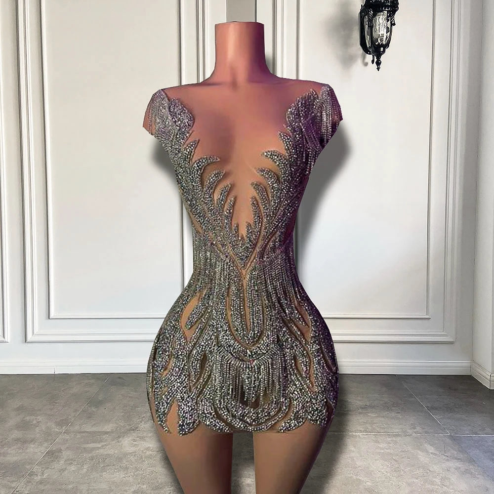 Luxury Sexy See Through Silver Beaded Crystals African Black Girls Short Mini Prom Dresses For Birthday Party