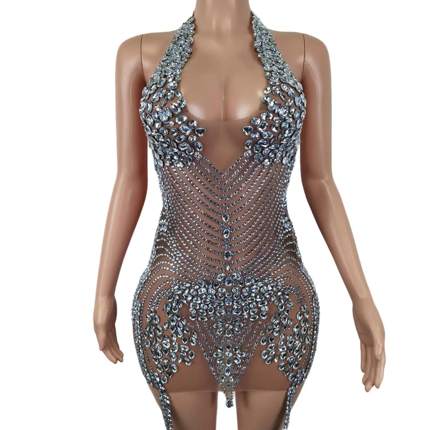 Luxury Sparkly Silver Crystals Birthday Party Gowns Sexy See Through Diamond African Black Girls Short Prom Dresses