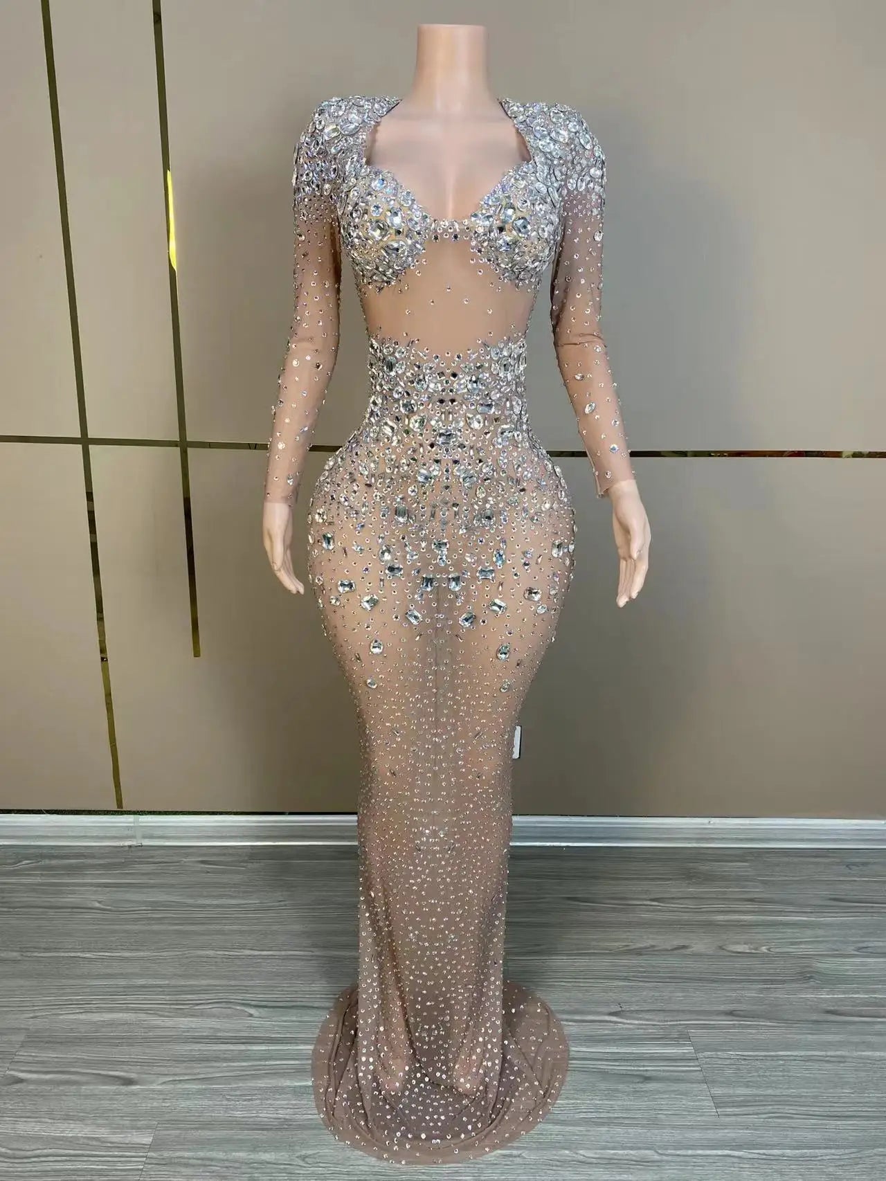 Luxury Sparkly Silver Rhinestone Dress Performance Costume Women Prom Gown Club Party Celebrate Birthday Photoshoot Dress