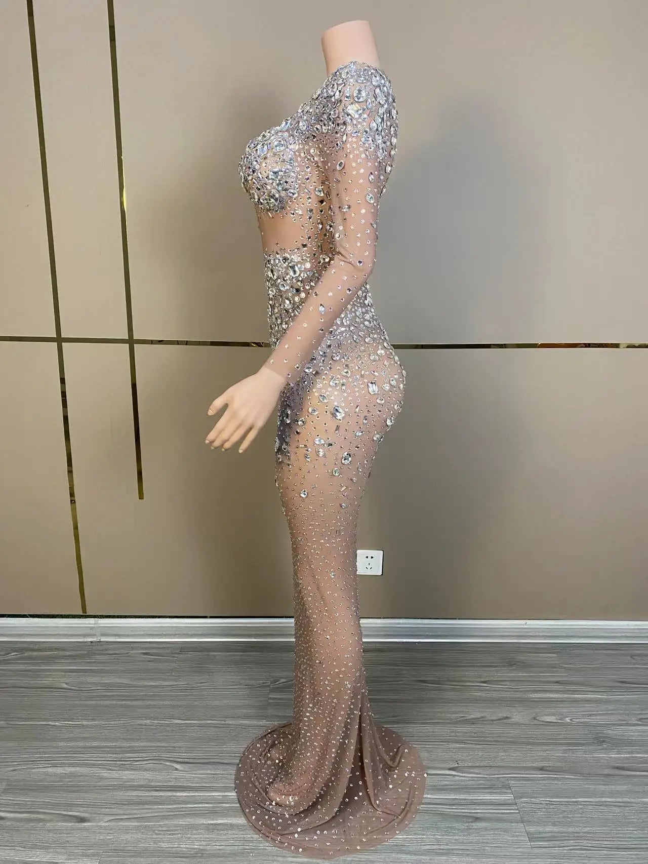 Luxury Sparkly Silver Rhinestone Dress Performance Costume Women Prom Gown Club Party Celebrate Birthday Photoshoot Dress