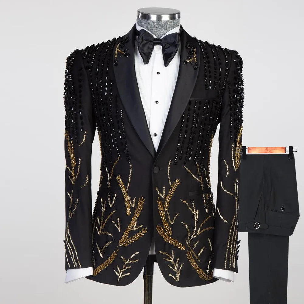 Luxury Suits Men for Wedding Gold Black Crystals Beaded Groom Tuxedos Tailored Party Dinner Prom Blazer 2 Pieces Costume Homme