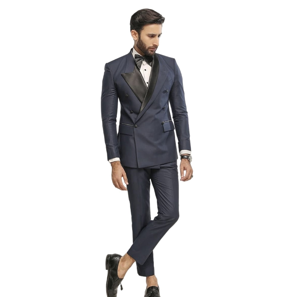 Man Wedding Suits Set Navy Blue Patchwork Peak Lapel Men's Formal Business Blazer Sets 2 Piece Slim Fit Tuxedos