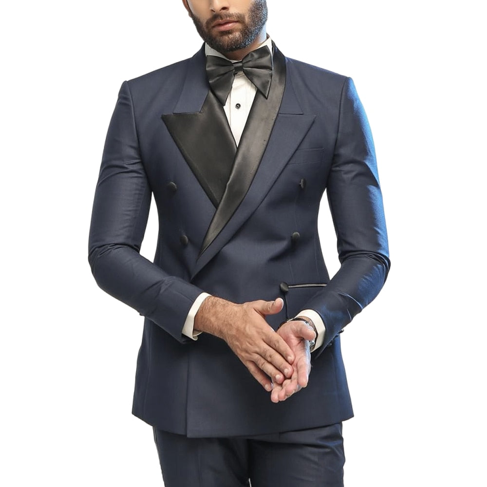 Man Wedding Suits Set Navy Blue Patchwork Peak Lapel Men's Formal Business Blazer Sets 2 Piece Slim Fit Tuxedos