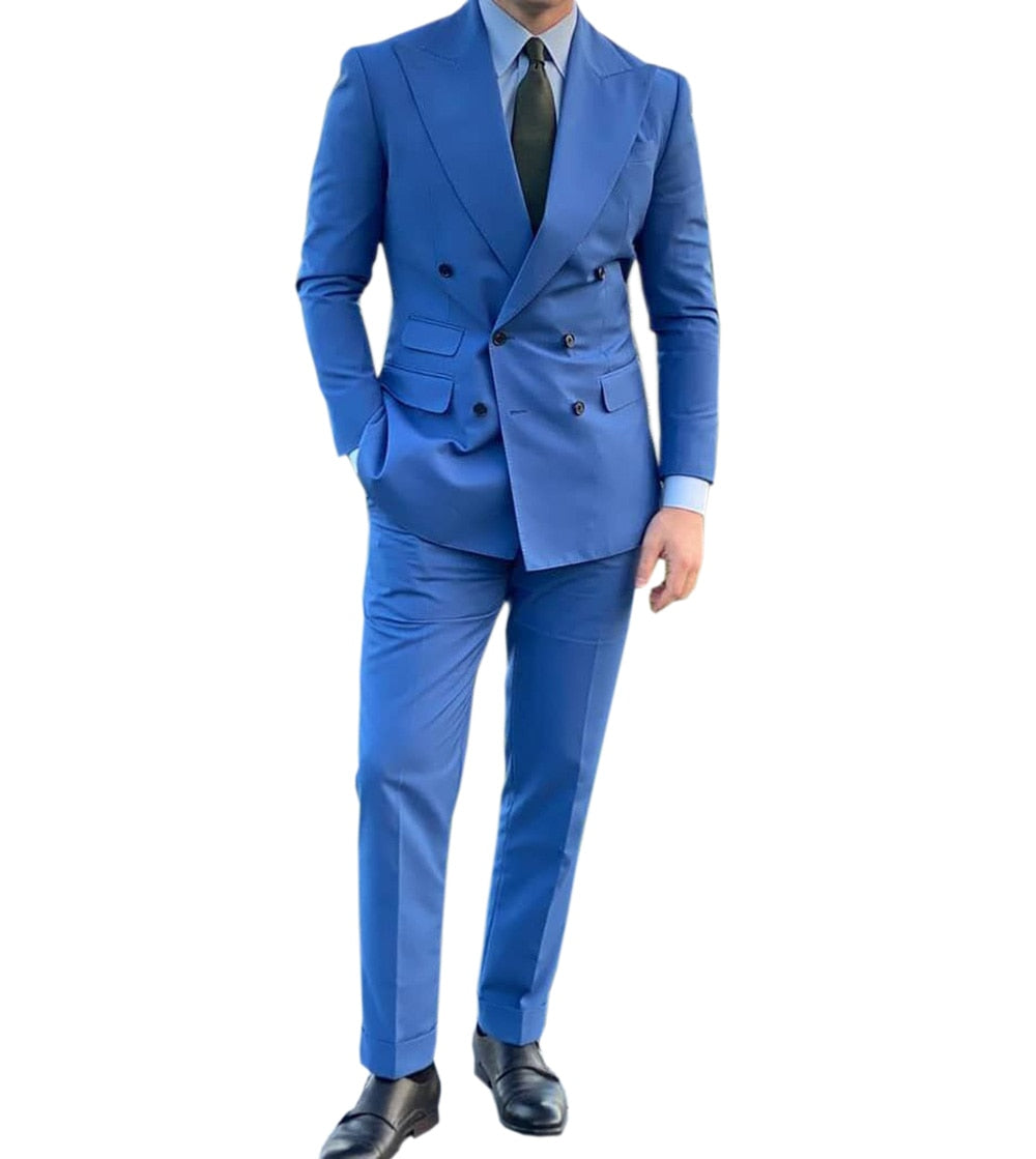 Men Suits 2pc Slim Fit Double-Breasted Blazers Solid Lapel Jacket Pants Sets Business Tuxedo(Blazer+Pants)
