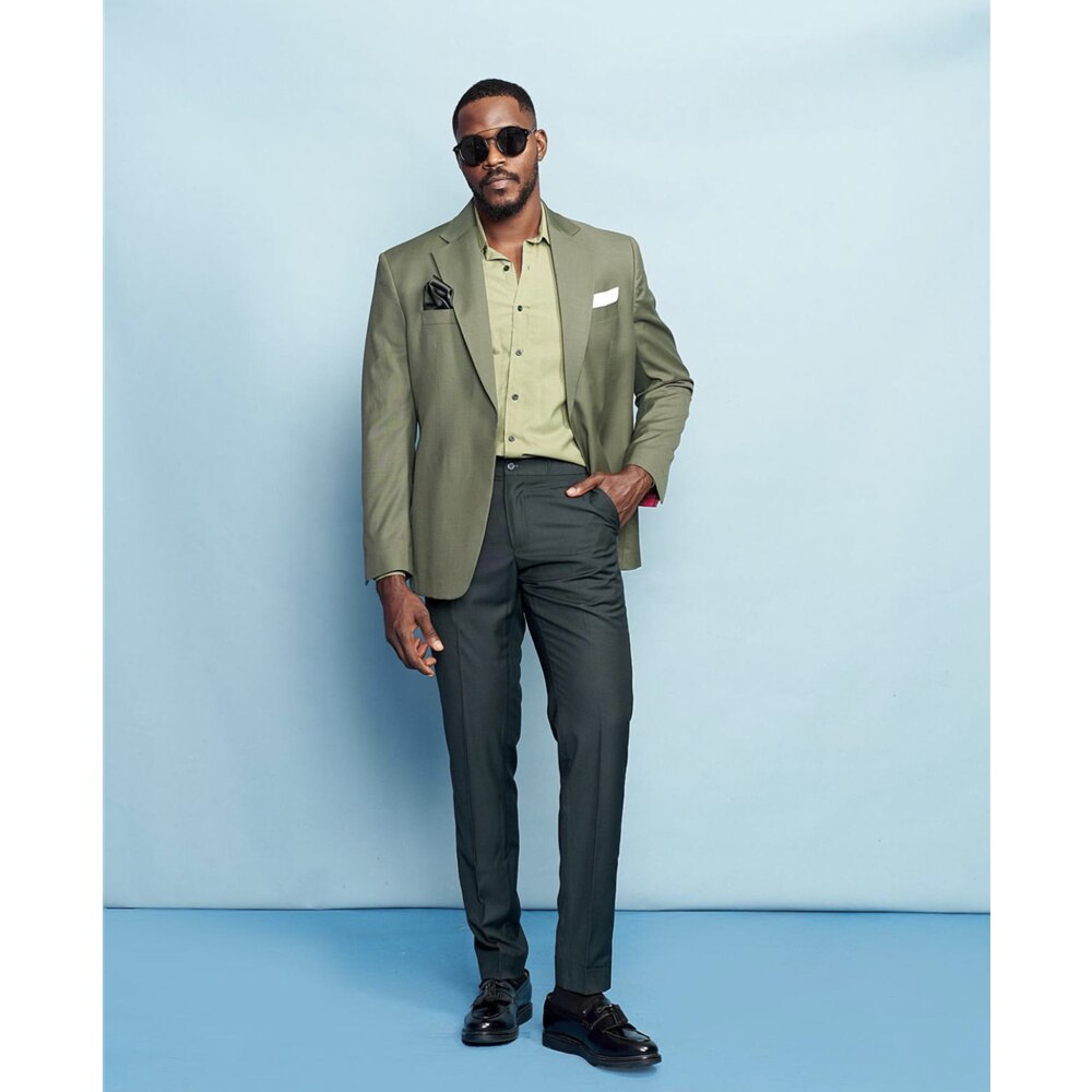 Men Suits Jacket Slim 2 Piece Outfit/Multiple Pockets Unique Design Green Blazer Dark Green Pants Casual Daily Men's Clothes Set