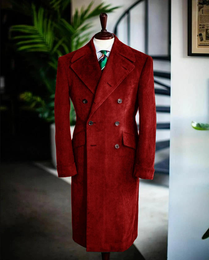 Men's Corduroy Notched Lapel Tuxedo Jacket Double Breasted Blazer Long Coat Wedding Prom Dress Custom