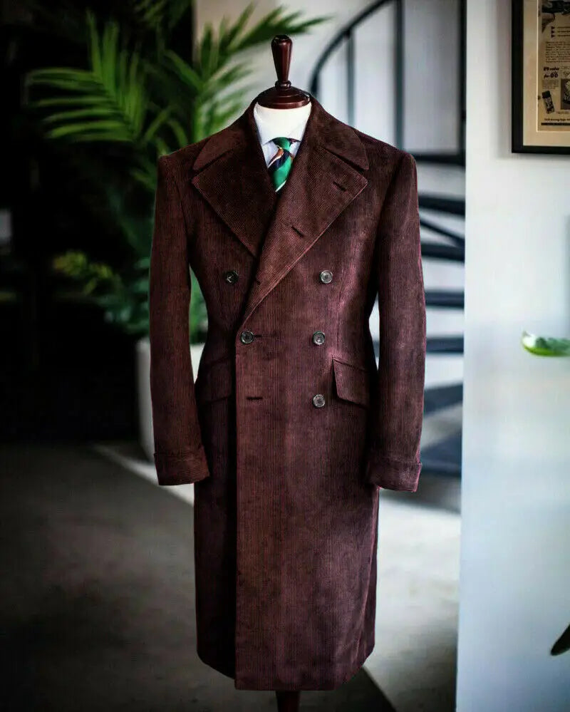 Men's Corduroy Notched Lapel Tuxedo Jacket Double Breasted Blazer Long Coat Wedding Prom Dress Custom