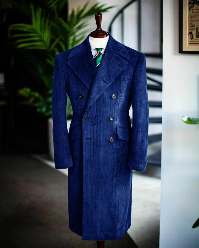 Men's Corduroy Notched Lapel Tuxedo Jacket Double Breasted Blazer Long Coat Wedding Prom Dress Custom