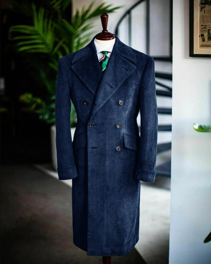 Men's Corduroy Notched Lapel Tuxedo Jacket Double Breasted Blazer Long Coat Wedding Prom Dress Custom