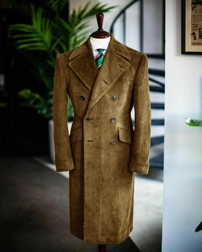 Men's Corduroy Notched Lapel Tuxedo Jacket Double Breasted Blazer Long Coat Wedding Prom Dress Custom