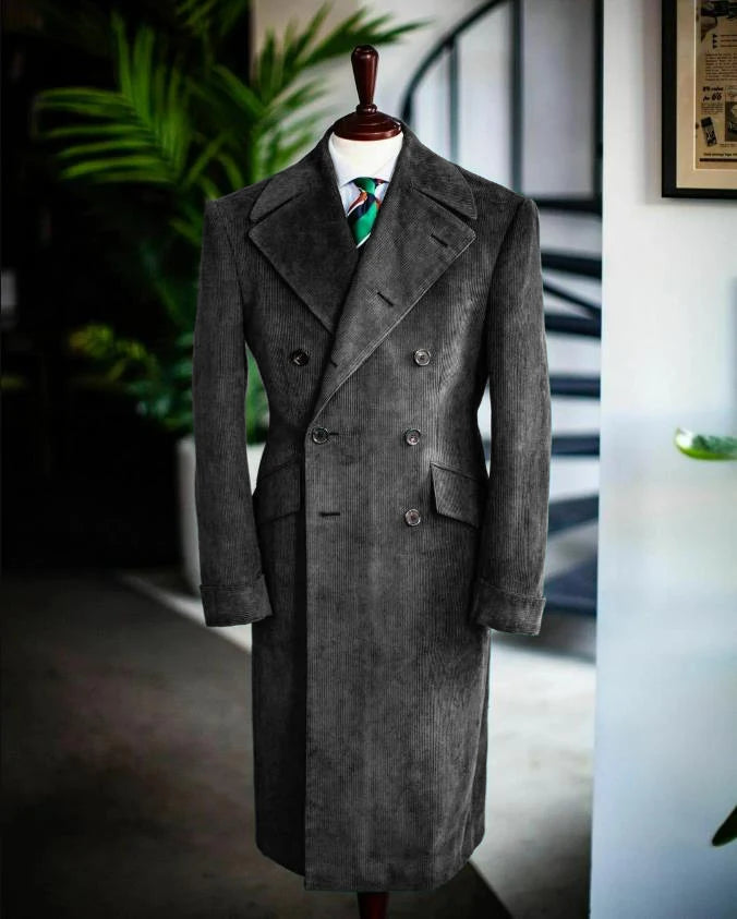 Men's Corduroy Notched Lapel Tuxedo Jacket Double Breasted Blazer Long Coat Wedding Prom Dress Custom