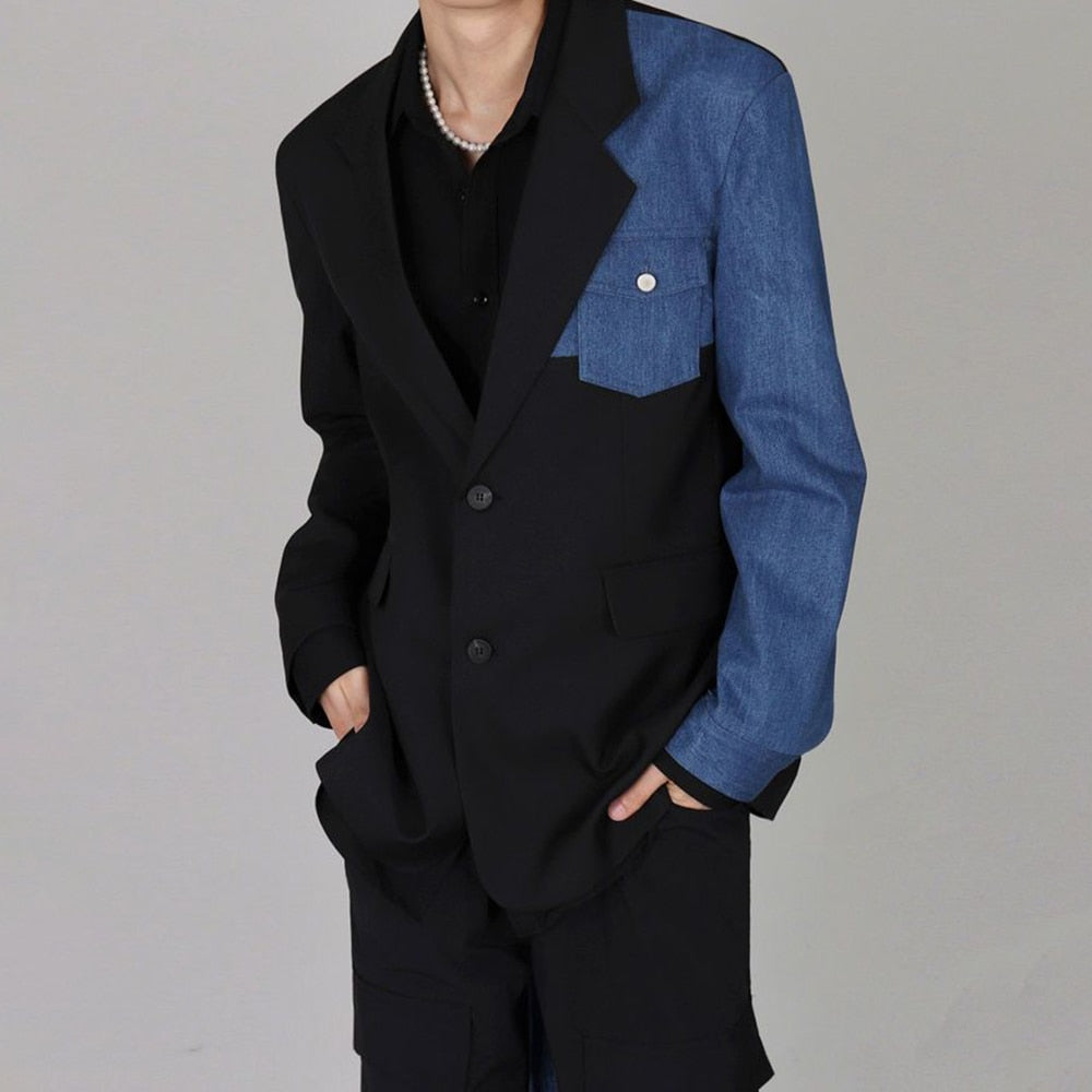 Men's British Loose Stitching Denim Long-sleeved Suit Business Professional Formal Gentleman Casual Versatile