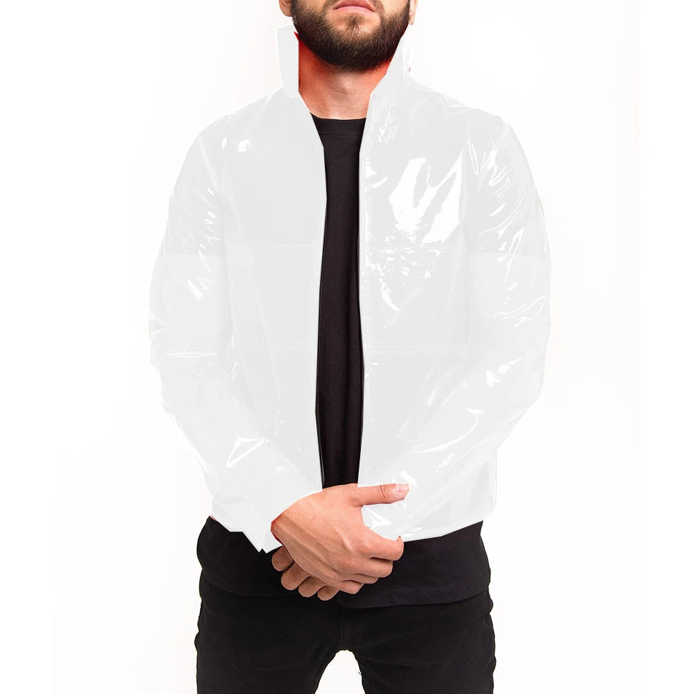 Men's Glossy Clear PVC Stand Collar See-through Jackets Long Sleeve Pocket Transparency Coats Perspective Jacket Party Clubwear