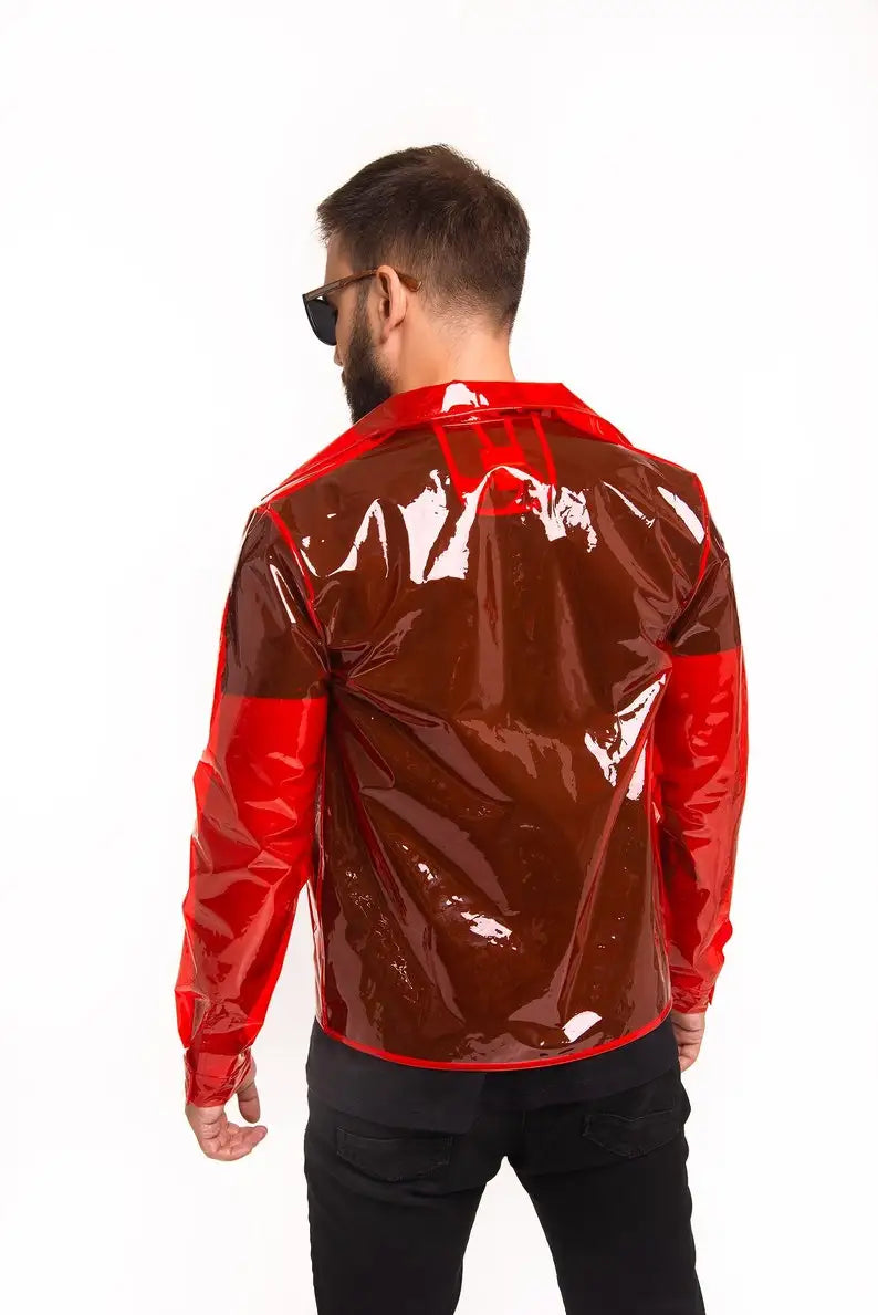 Men's Glossy Clear PVC Stand Collar See-through Jackets Long Sleeve Pocket Transparency Coats Perspective Jacket Party Clubwear