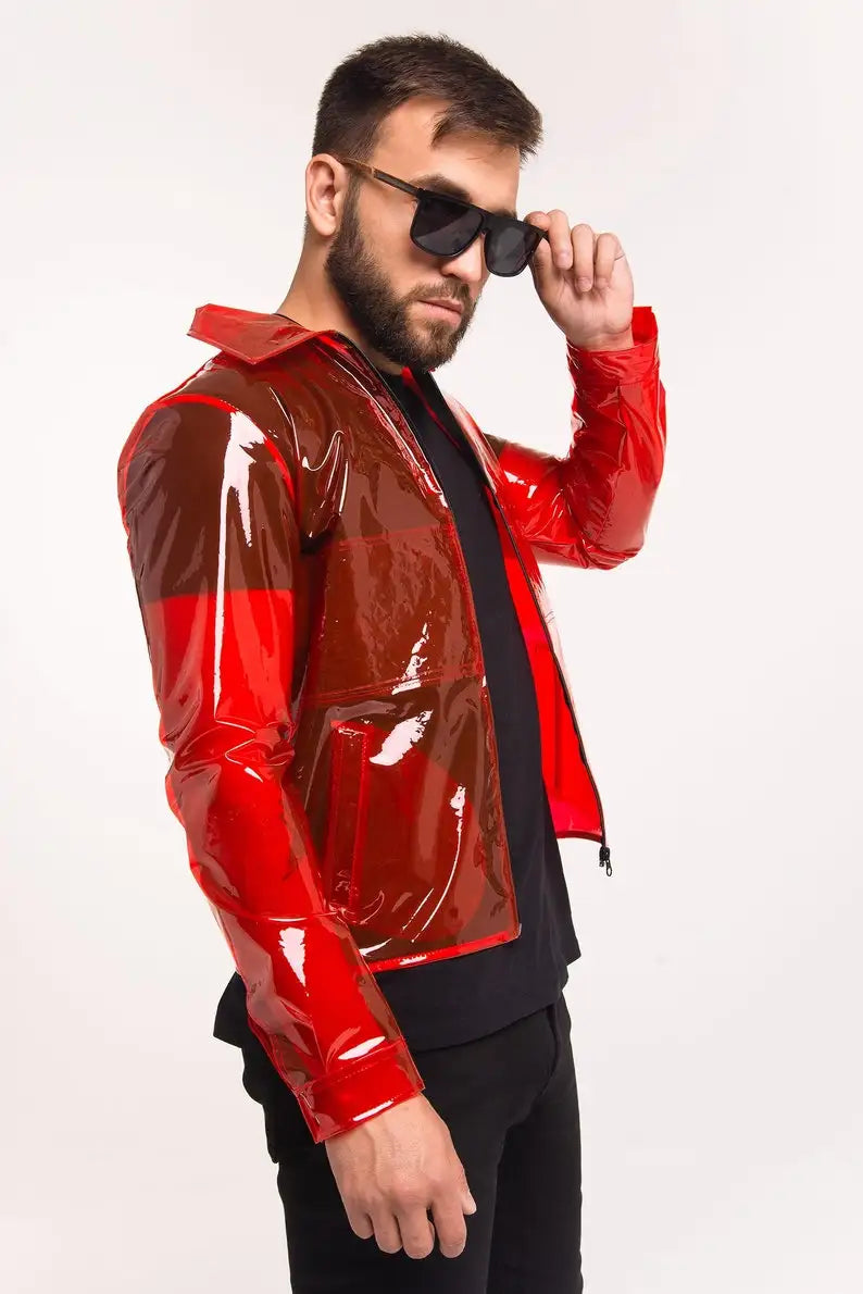 Men's Glossy Clear PVC Stand Collar See-through Jackets Long Sleeve Pocket Transparency Coats Perspective Jacket Party Clubwear