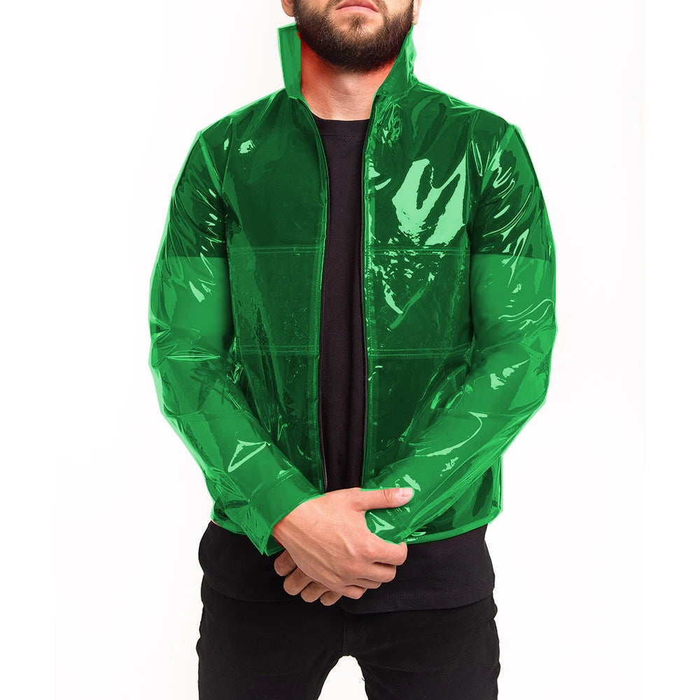 Men's Glossy Clear PVC Stand Collar See-through Jackets Long Sleeve Pocket Transparency Coats Perspective Jacket Party Clubwear