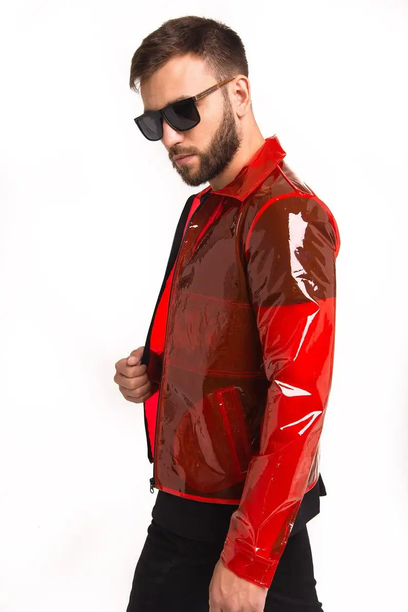 Men's Glossy Clear PVC Stand Collar See-through Jackets Long Sleeve Pocket Transparency Coats Perspective Jacket Party Clubwear