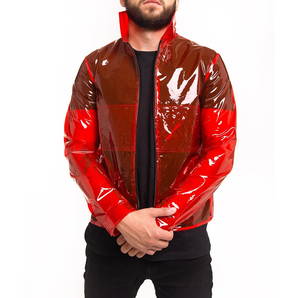 Men's Glossy Clear PVC Stand Collar See-through Jackets Long Sleeve Pocket Transparency Coats Perspective Jacket Party Clubwear