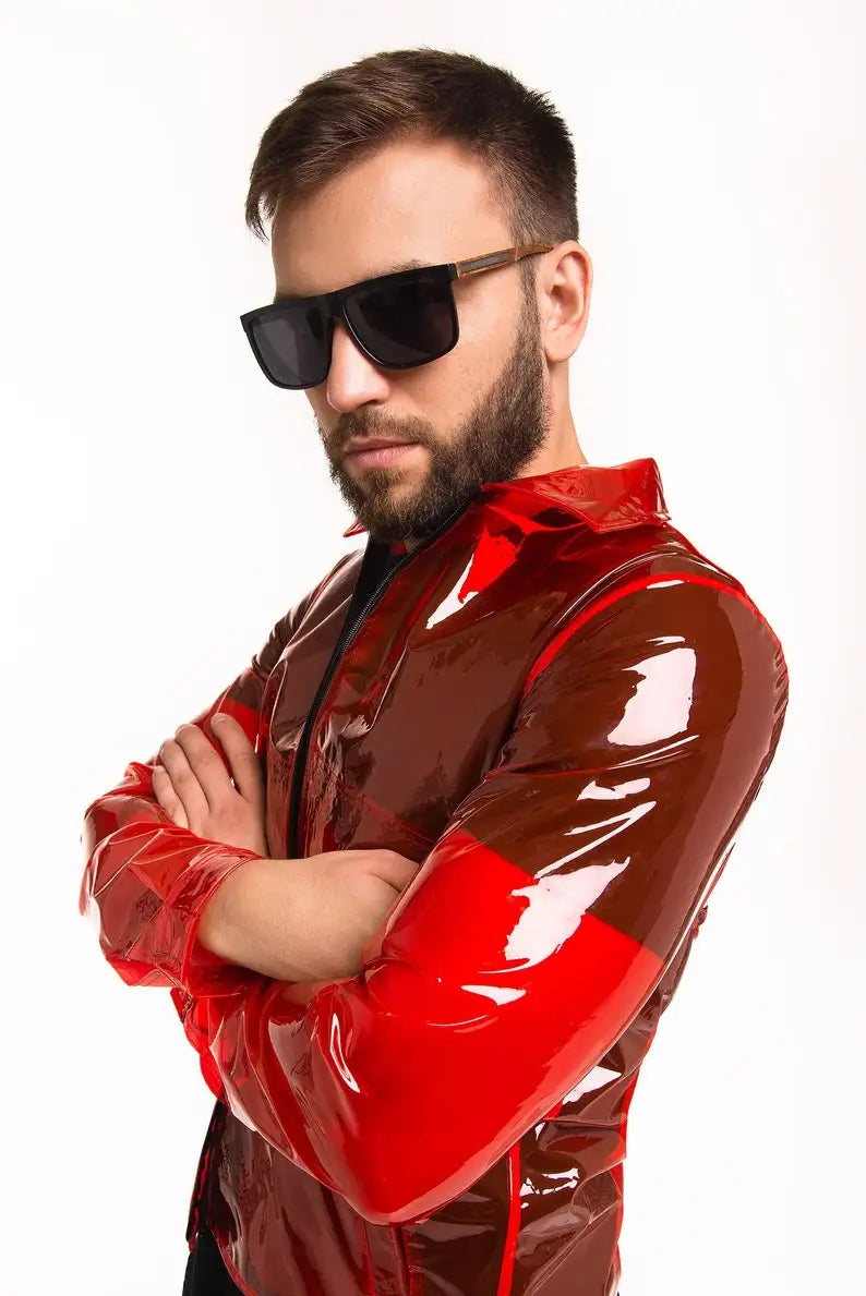 Men's Glossy Clear PVC Stand Collar See-through Jackets Long Sleeve Pocket Transparency Coats Perspective Jacket Party Clubwear