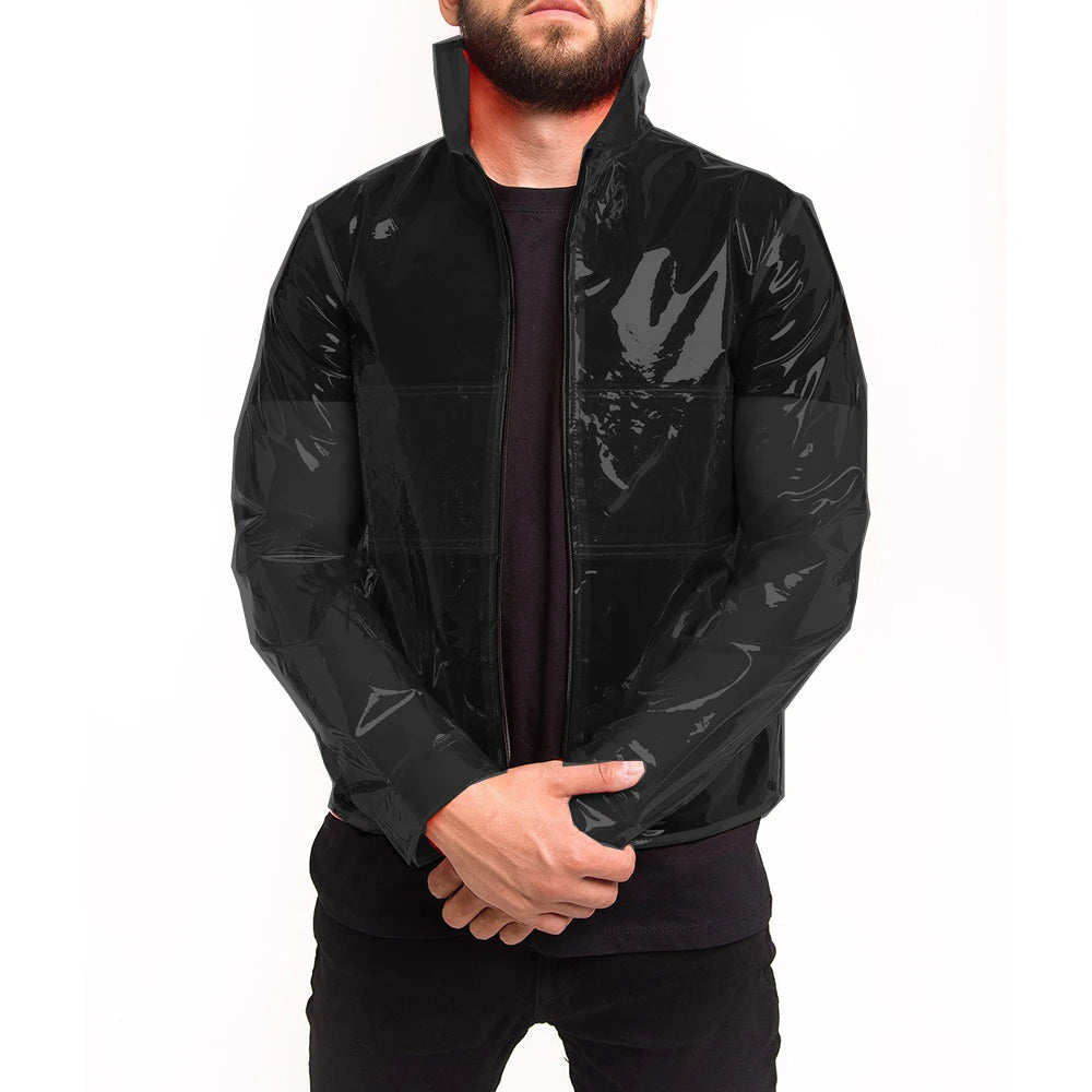 Men's Glossy Clear PVC Stand Collar See-through Jackets Long Sleeve Pocket Transparency Coats Perspective Jacket Party Clubwear
