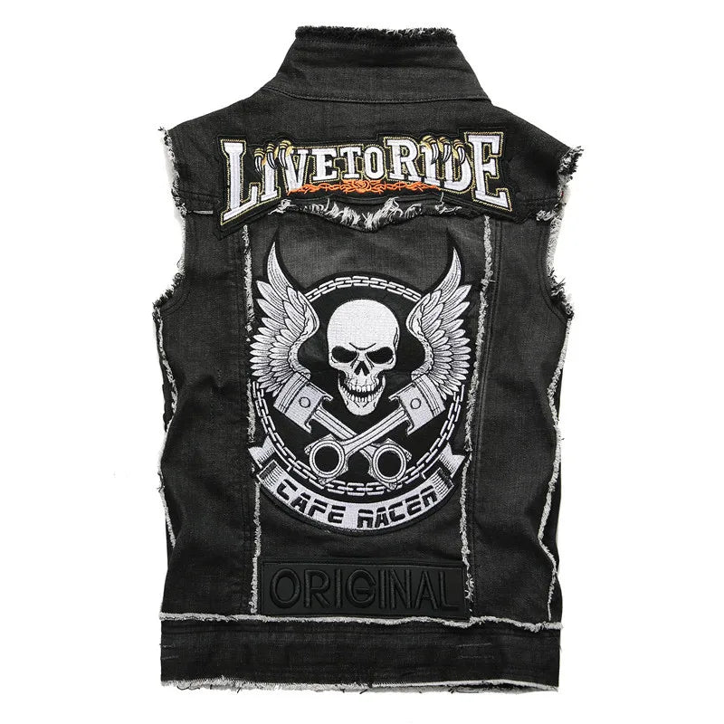 Men's Punk Style Denim Vests Skull Embroidery Sleeveless Denim Waistcoat Jacket Streetwear Hip Hop Jeans Vest
