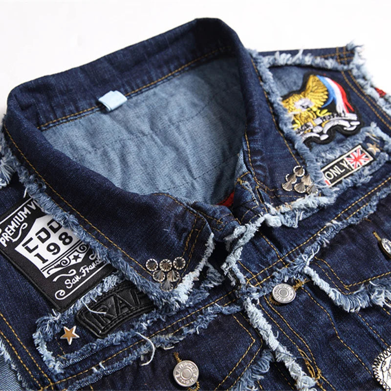 Men's Punk Style Denim Vests Skull Embroidery Sleeveless Denim Waistcoat Jacket Streetwear Hip Hop Jeans Vest