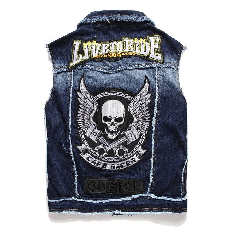 Men's Punk Style Denim Vests Skull Embroidery Sleeveless Denim Waistcoat Jacket Streetwear Hip Hop Jeans Vest
