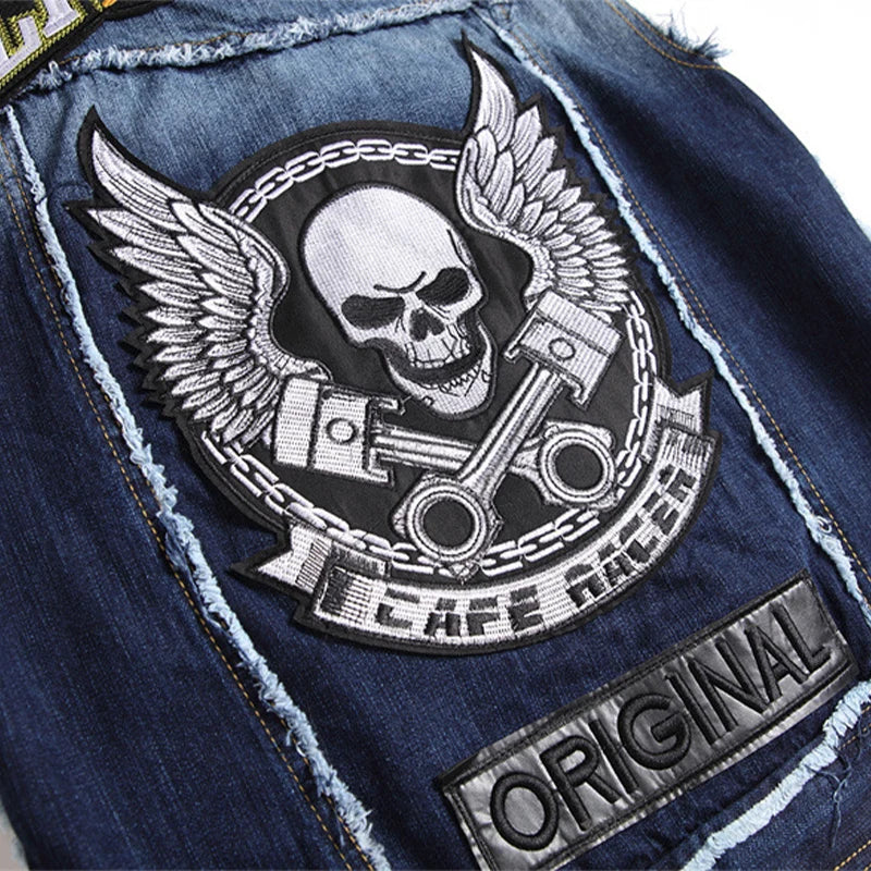 Men's Punk Style Denim Vests Skull Embroidery Sleeveless Denim Waistcoat Jacket Streetwear Hip Hop Jeans Vest