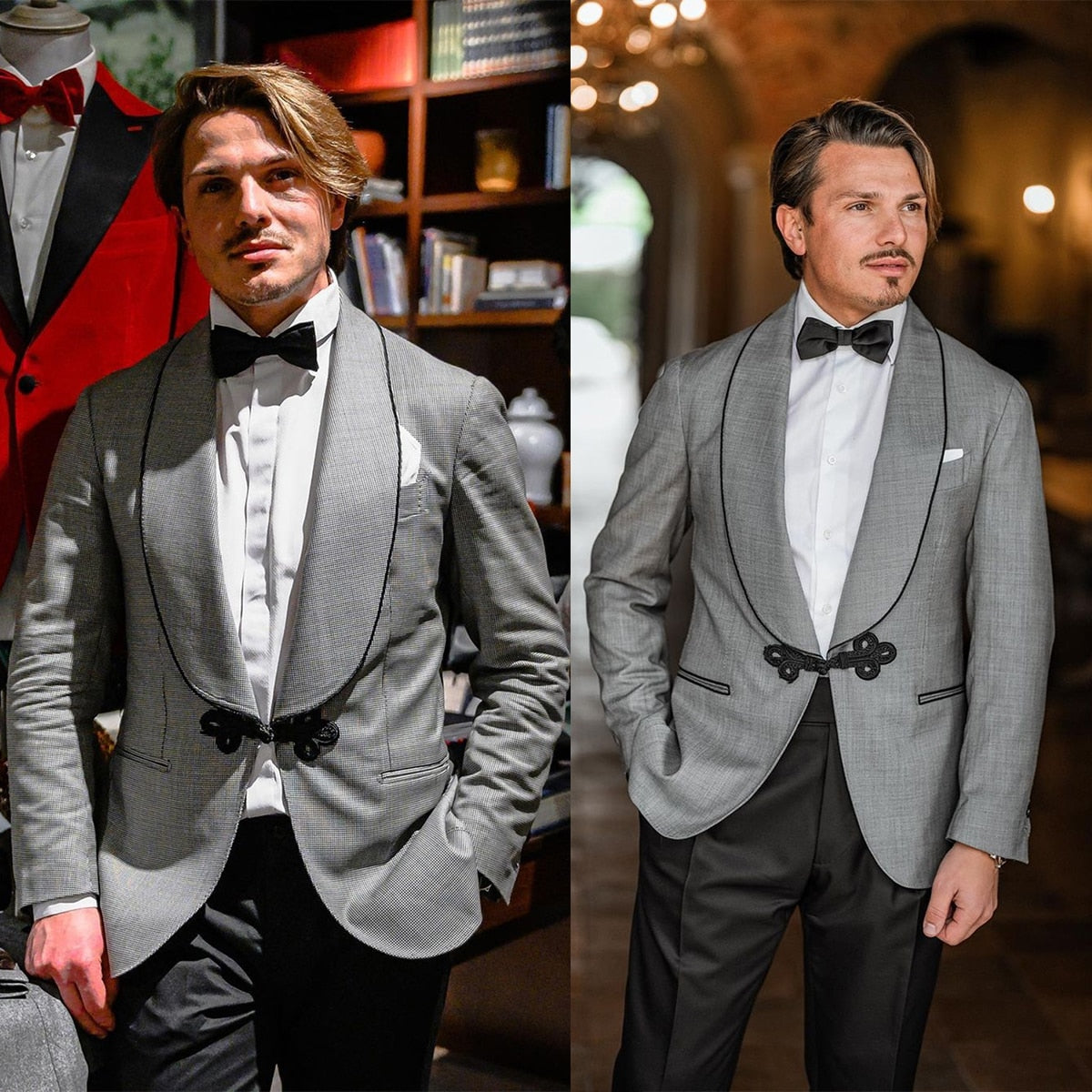 Men's Suit 2 Pieces Gray Blazer Black Pants Chinese Button Sheer Lapel Business Slim Modern Wedding Groom Tailored Costume Homme