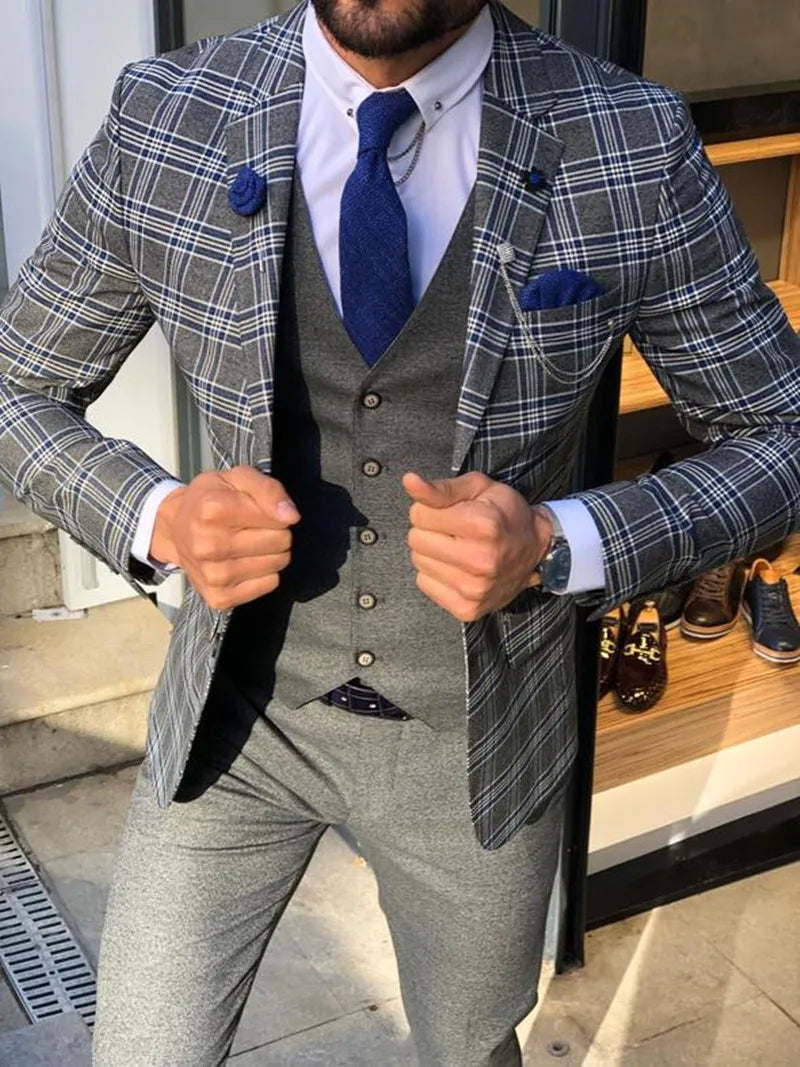 Men's Suits Plaid Wedding Tuxedos Formal Best Man Suit Groom Wear Tuxedos Custom Made 3-Piece Suits (Jacket+Vest+Pants)