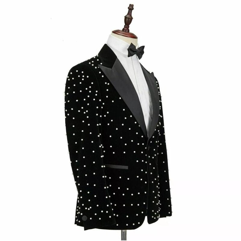 Men's Suits Tailored 2 Pieces Velvet Blazer Black Pants One Button Satin Peaked Lapel PearlsWedding Formal Custom Made Plus Size
