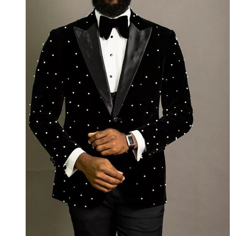 Men's Suits Tailored 2 Pieces Velvet Blazer Black Pants One Button Satin Peaked Lapel PearlsWedding Formal Custom Made Plus Size