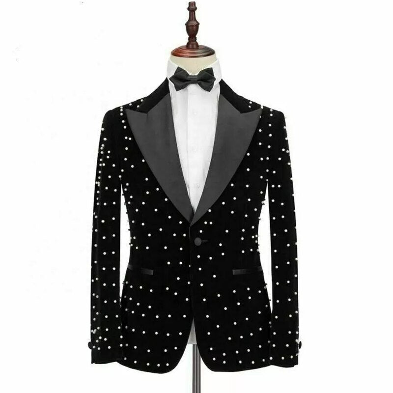 Men's Suits Tailored 2 Pieces Velvet Blazer Black Pants One Button Satin Peaked Lapel PearlsWedding Formal Custom Made Plus Size