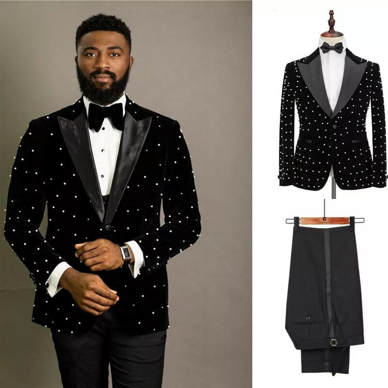 Men's Suits Tailored 2 Pieces Velvet Blazer Black Pants One Button Satin Peaked Lapel PearlsWedding Formal Custom Made Plus Size